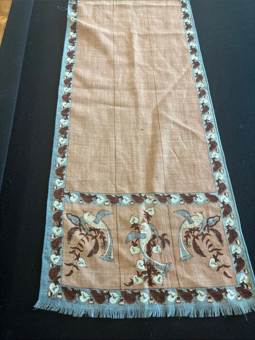 Vintage Long Linen Brown and Blue Bird Motif Scarf